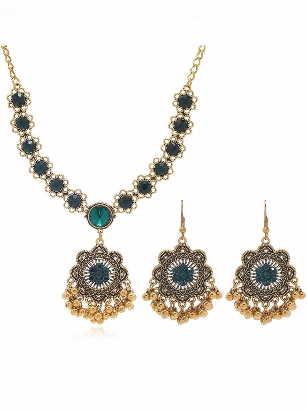 NWT: Boho Flower Ball Jhumka Jewelry Set Gold Tone Indian Green Rhinestone